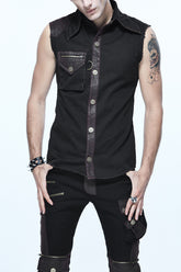 ブラック ツイル ブラウン ワン ショルダー アーマー ヒート シール ハスプ ノースリーブ メンズ パンク シャツ